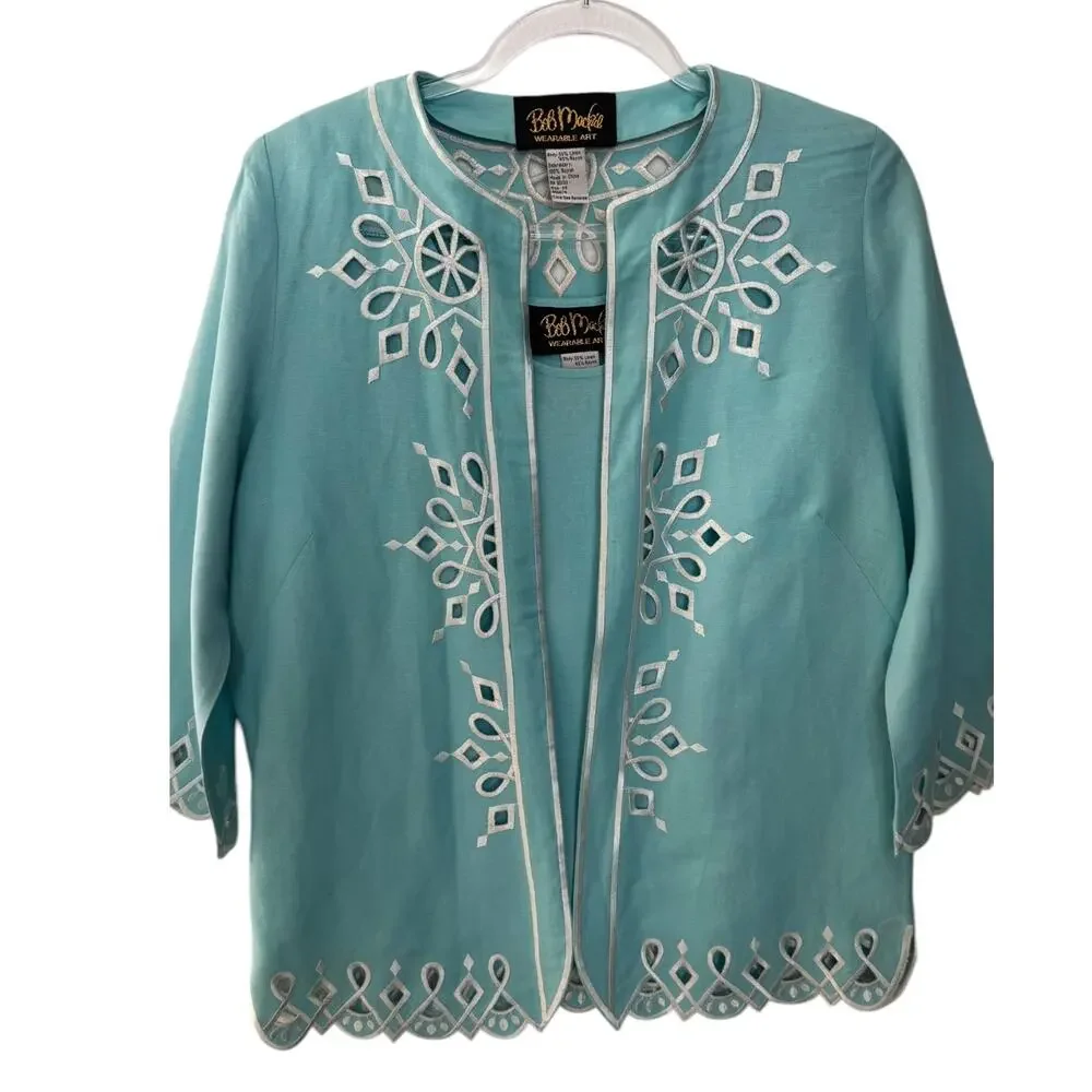 Bob Mackie Wearable Art 2000s Turquoise Linen Embroidered Twin Set XS